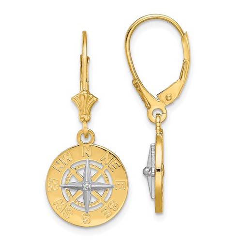 14k Yellow Gold with Rhodium Mini Compass Leveback Earrings