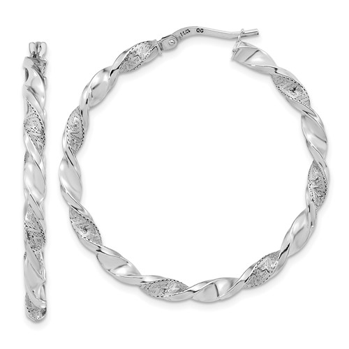 14k White Gold Twisted Textured Hoop Earrings 1.5in
