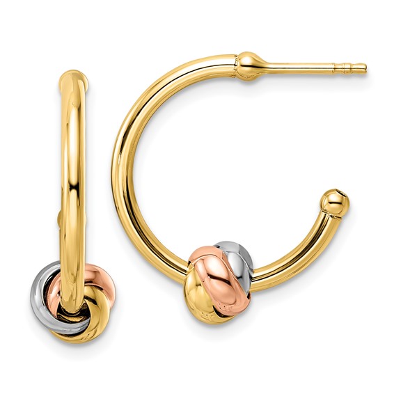 14k Tri-color Gold Knot J-Hoop Earrings