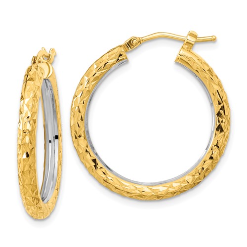 14k Yellow Gold Diamond Cut Hoop Earrings with Rhodium Interior 1in