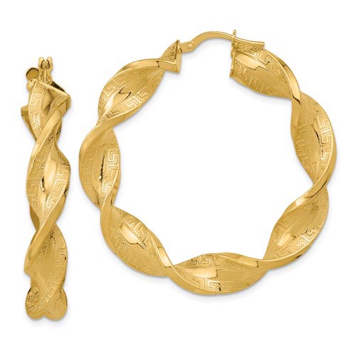 14k Yellow Gold Greek Key Satin Twisted Hoop Earrings 1 5/8in