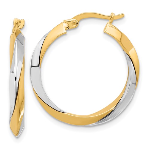 14k Two-tone Gold Twist Hoop Earrings Knife Edge Polished Finish 1in