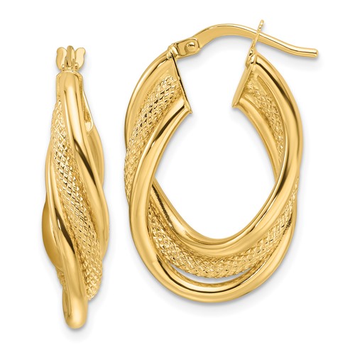 14k Yellow Gold Polished Textured Intertwined Oval Hoop Earrings 1in