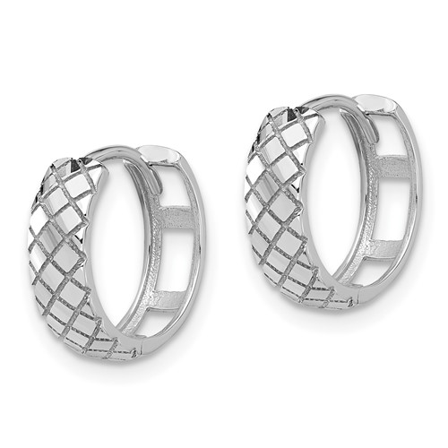14k White Gold Checkerboard Etched Hinged Round Hoop Earrings 1/2in