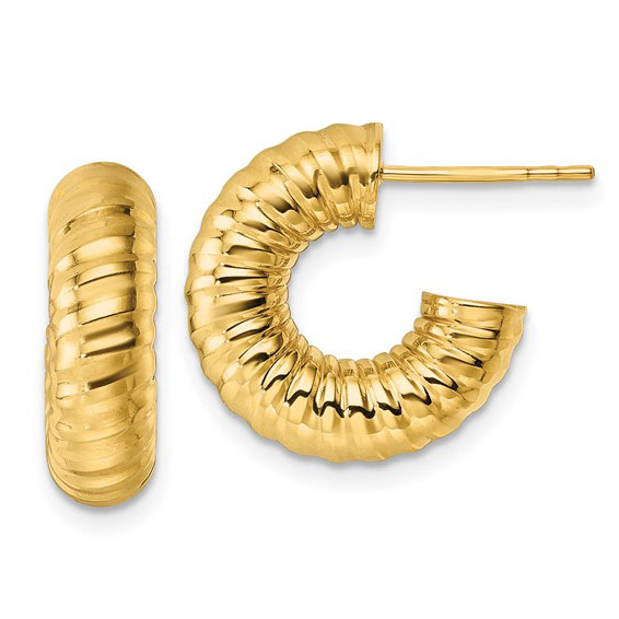 14k Yellow Gold Textured Open Hoop Post Earrings 5mm Thick