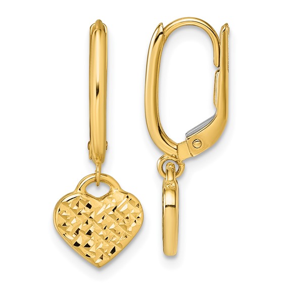 14k Yellow Gold Diamond-cut Heart Leverback Earrings