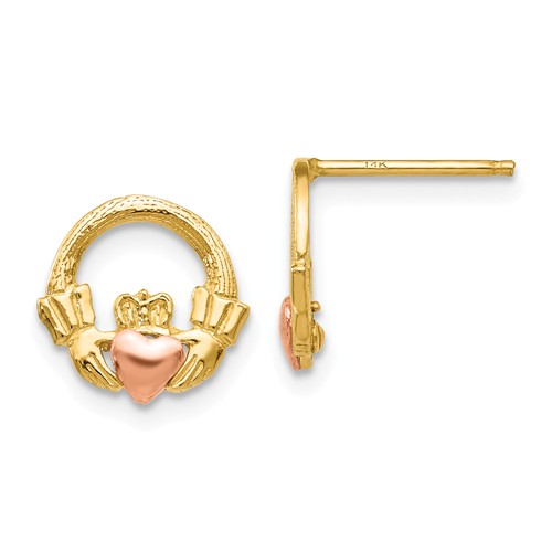 14k Two-Tone Gold Small Claddagh Earrings