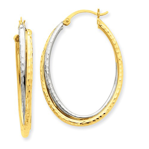 14k Two-tone Gold Diamond-cut Oval Hoop Earrings 1.5in
