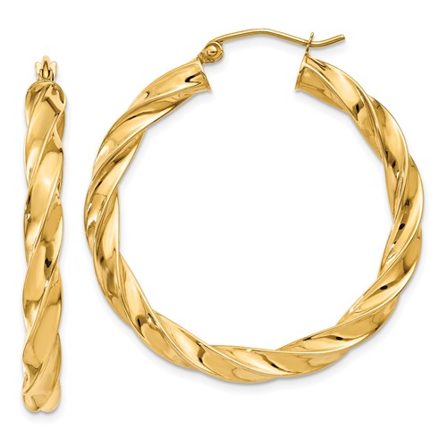 14k Yellow Gold 4mm Twisted Round Hoop Earrings 1.5in