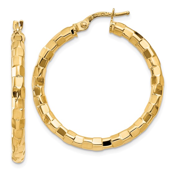 14k Yellow Gold Italian Faceted Round Hoop Earrings 1 3/8in