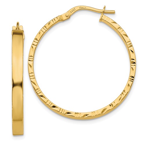 14k Yellow Gold Italian Diamond-cut Edge Hoop Earrings 1in
