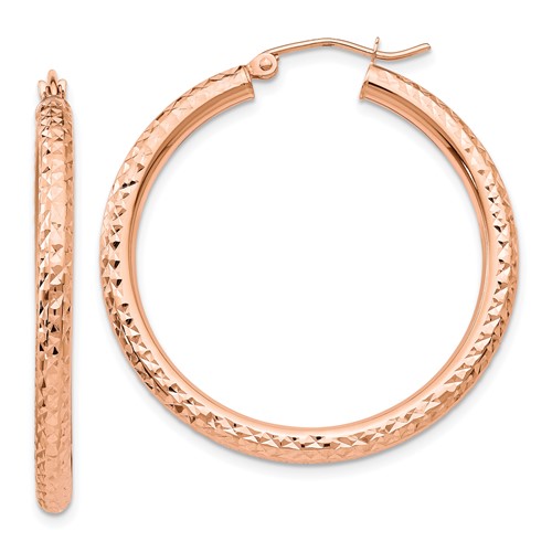14kt Rose Gold 1 1/2in Diamond-cut Hoop Earrings 3mm