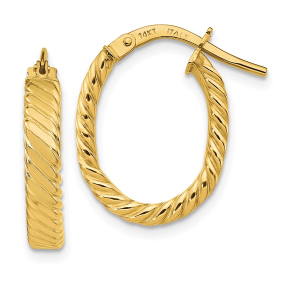 14kt Yellow Gold 3/4in Italian Striped Oval Hoop Earrings