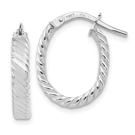 14kt White Gold 3/4in Italian Striped Oval Hoop Earrings