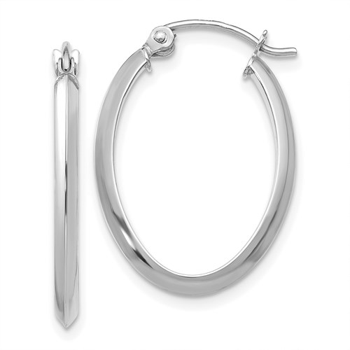 14k White Gold Oval Tube Hoop Earrings with Knife Edge 7/8in