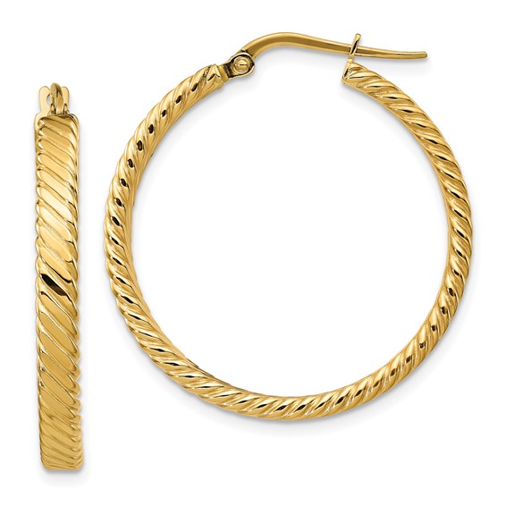 14kt Yellow Gold 1 1/4in Italian Striped Round Hoop Earrings