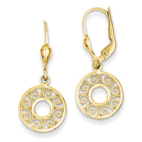 14kt Yellow Gold 1 1/4in Dangle Circle Filigree Leverback Earrings