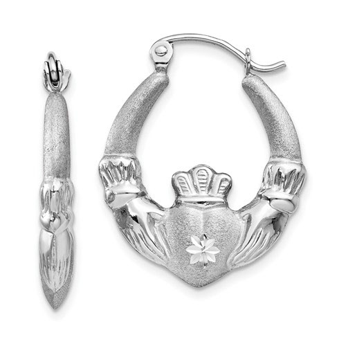 14kt White Gold 7/8in Satin Claddagh Earrings