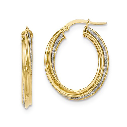 14k Yellow Gold 1in Italian Glitter Twisted Oval Hoop Earrings