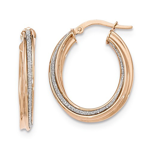 14kt Rose Gold 1in Italian Glitter Twist Oval Hoop Earrings