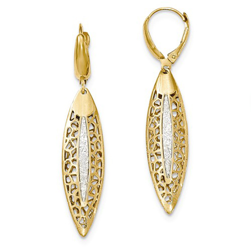 14kt Two-tone Gold Pointed Oval Filigree Leverback Earrings