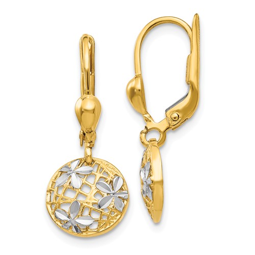 14k Yellow Gold and Rhodium Floral Leverback Earrings