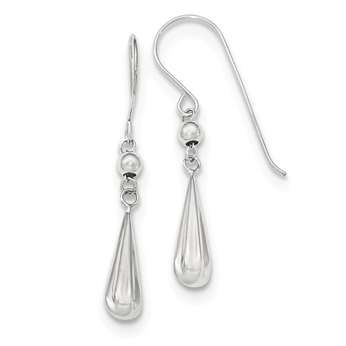 14k White Gold Puffed Teardrop Shepherd Hook Earrings