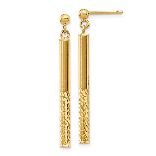 14k Yellow Gold Polished and Diamond-Cut Bar Dangle Post Earrings