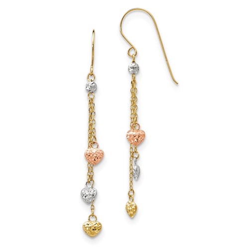 14k Tri-color Gold Triple Heart Dangle Drop Earrings