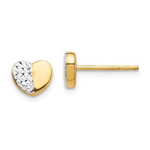 14k Yellow Gold and Rhodium Diamond-Cut Heart Post Earrings 1/2in