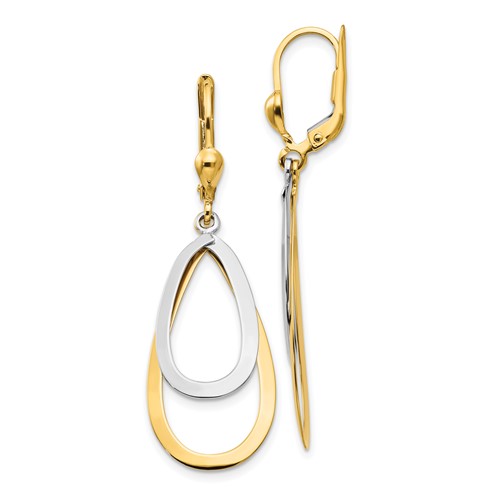 14k Two-tone Gold Oval Teardrop Leverback Earrings