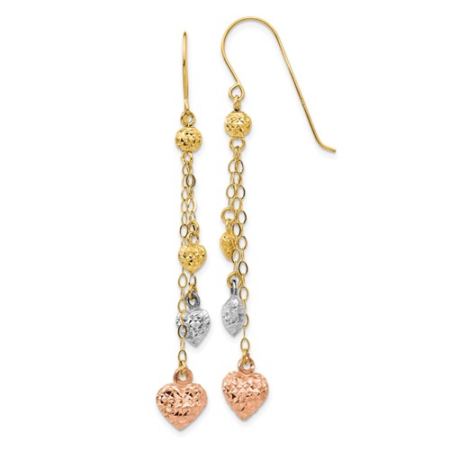 14k Tri-color Gold Puffed Heart Chain Dangle Earrings