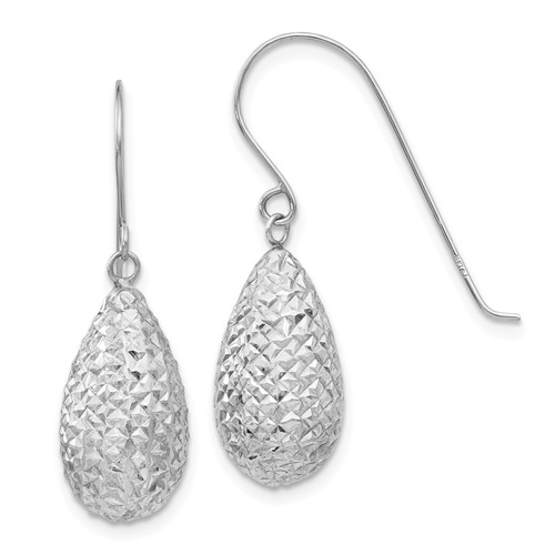 14k White Gold Diamond-cut Puffed Teardrop Earrings