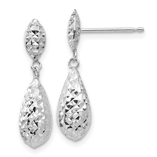 14k White Gold Diamond-Cut Puffed Duo Teardrop Dangle Earrings 7/8in