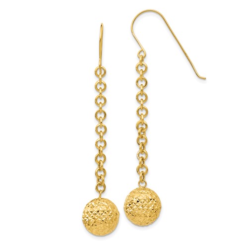 14k Yellow Gold Round Chain Link Drop Earrings With Diamond-cut Hollow Beads