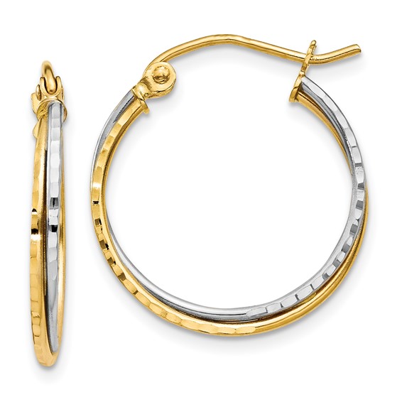 14kt Two-tone Gold 3/4in Twisted Diamond-cut Slender Hoop Earrings