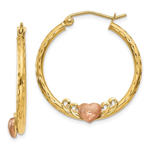 14k Yellow and Rose Gold Heart Diamond-cut Hoop Earrings 1in
