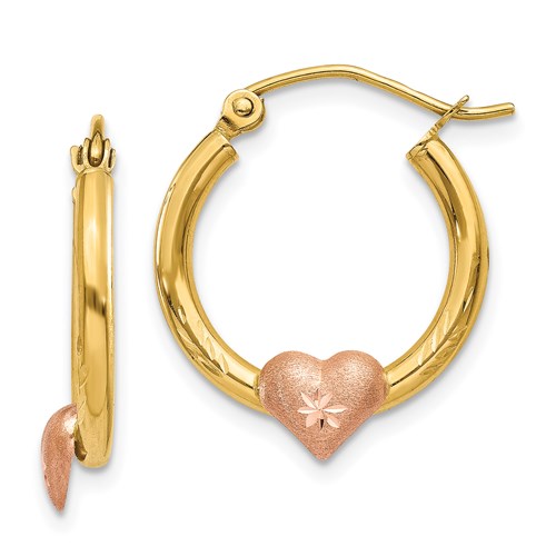 14k Yellow and Rose Gold Heart Diamond-cut Hoop Earrings 5/8in