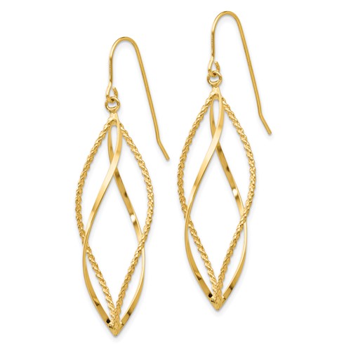 14k Yellow Gold Polished and Textured Twisted Dangle Earrings 2in