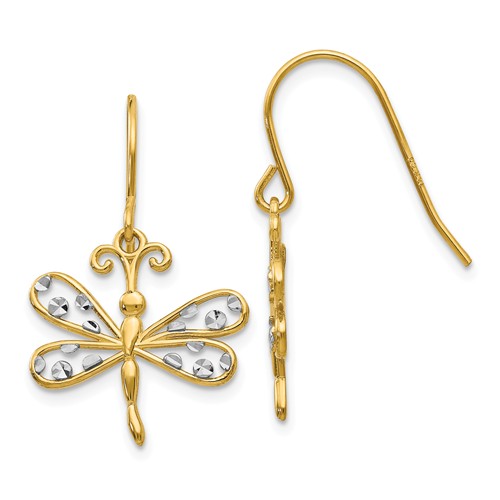 14k Yellow Gold Dragonfly Dangle Earrings with Rhodium Accents