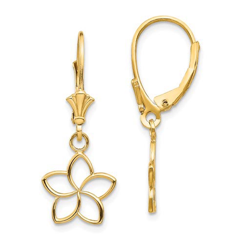 14k Yellow Gold Cut-out Flower Dangle Lever Back Earrings