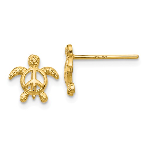 14k Yellow Gold Small Turtle Peace Symbol Earrings