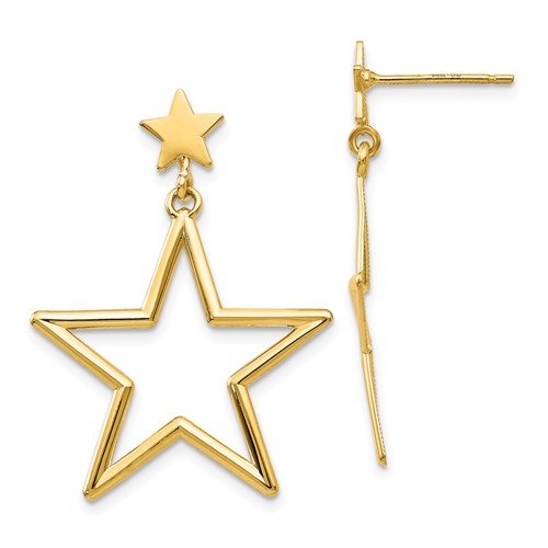 14k Yellow Gold Open Star Dangle Earrings with Star Accents 1 1/4in