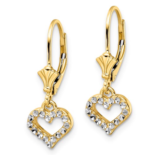 14kt Yellow Gold Rhodium Heart Dangle Leverback Earrings