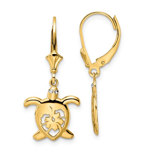 14k Yellow Gold Floral Turtle Leverback Earrings