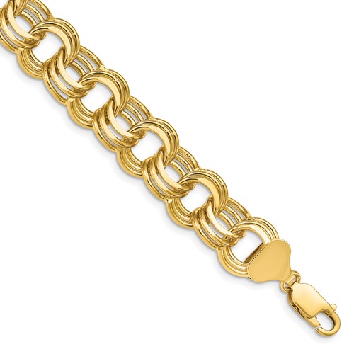 14k Yellow Gold 7.5in Triple Link Charm Bracelet 14mm Wide