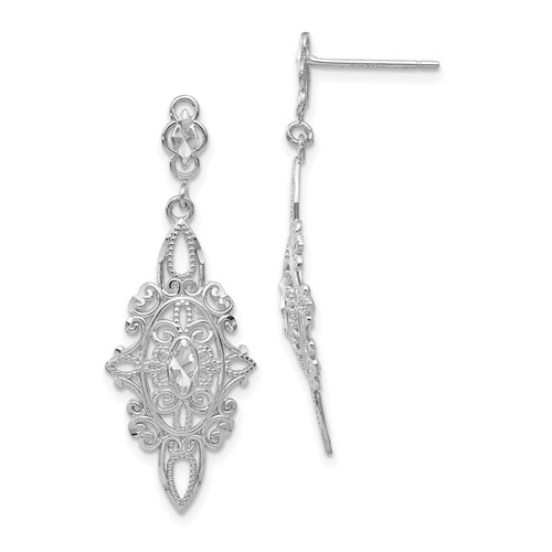 14kt White Gold Diamond-cut Filigree Dangle Earrings