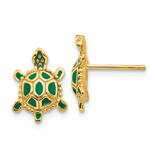 14k Yellow Gold Turtle Post Earrings with Green Enamel