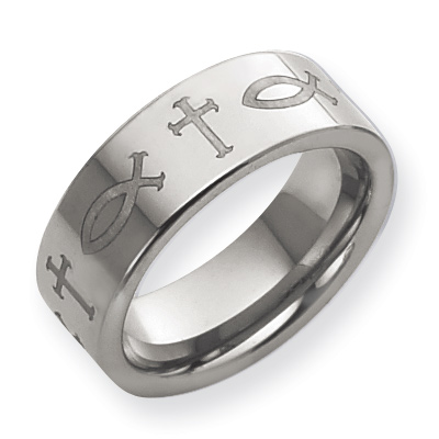 8mm Flat Tungsten Ring with Cross and Ichthus