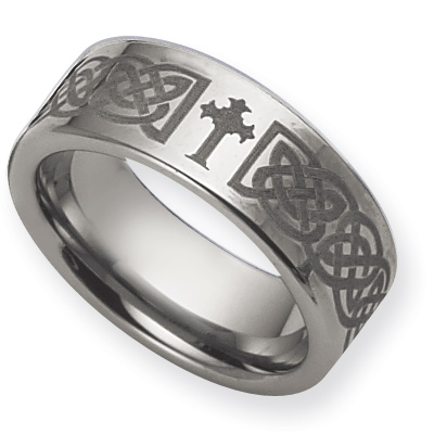 8mm Flat Tungsten Ring with Laser Design and Ridged Edges